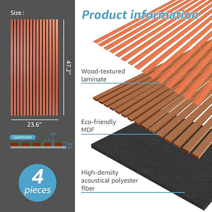 Art3d 4 Pack 47.2 x 23.6in. Wood Slat Acoustic Panels for Wall and Ceiling - 3D Fluted Sound Absorbing Panel with Wood Finish - Cherry