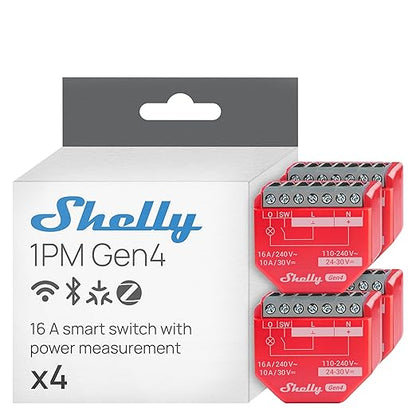 Shelly 1PM Gen4 | Wi-Fi, Zigbee, Matter Smart Relay Switch with Power Metering, 1-Channel 16A | Home Automation | Alexa, SmartThings, Google Home, Apple HomeKit Compatible | iOS Android App (4 Pack)
