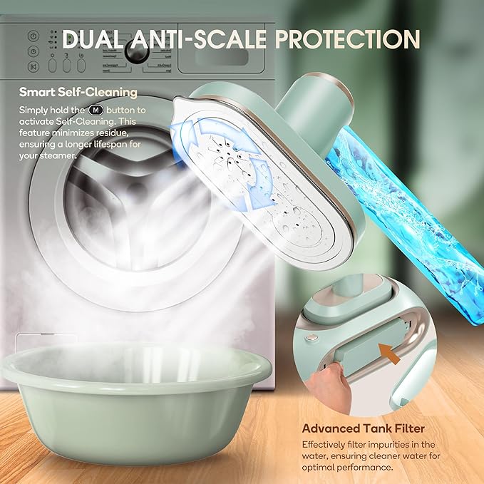 Newbealer 2In1 Pro Steam Station Iron, 1550W Turbo 3-level Steam & 3 Dry Heat Modes for Clothes, 30s Heat Up, 1.2L Detachable Tank, Auto-Off, Self Cleaning, Commercial-Grade for Home & Hotel (Green)