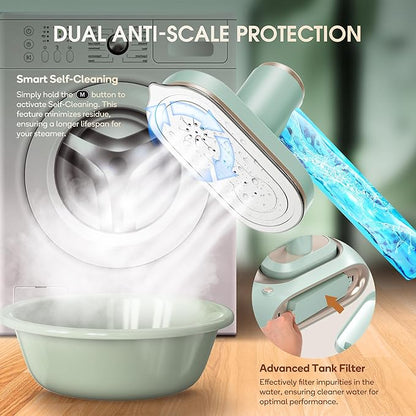 Newbealer 2In1 Pro Steam Station Iron, 1550W Turbo 3-level Steam & 3 Dry Heat Modes for Clothes, 30s Heat Up, 1.2L Detachable Tank, Auto-Off, Self Cleaning, Commercial-Grade for Home & Hotel (Green)