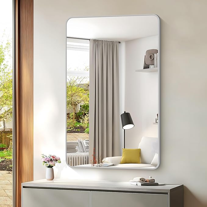 48x30 Inch Silver Bathroom Mirror, Metal Framed Silver Rectangle Mirrors, Rounded Rectangular Vanity Mirror, Wall Mounted Mirrors for Living Room Bedroom Entryway Hangs Horizontal or Vertical