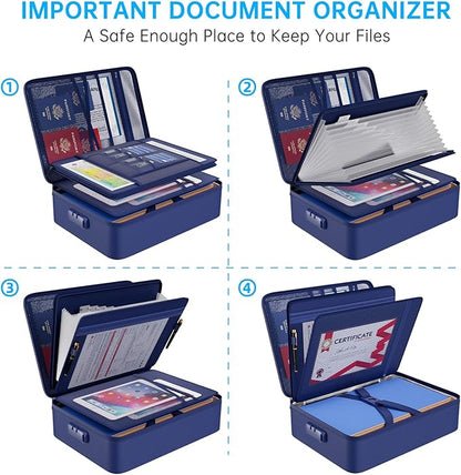 ENGPOW 5200℉ Fireproof File Organizer Bag with 13 Pocket Accordion File Folder,Document Organizer Box with Lock&Labels,Multi-Layer Portable Home Travel Safe Storage Box for Important Documents,Blue