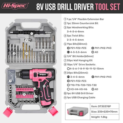 Hi-Spec 110pc Pink 8V USB Electric Power Cordless Womens Drill Driver Set. Drill Bits, Sockets and Screwdriver Bit Set Accessories In a Portable Toolbox Case for Ladies