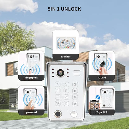 Wired Video Door Phone Kit Apartment Intercom System,10 Inch Touch Screen Monitor(Silver)with 1080P HD Doorbell Camera,Supporting Motion Detecting 5 in 1 Unlcking (1 Doorbell + 2 Monitor)