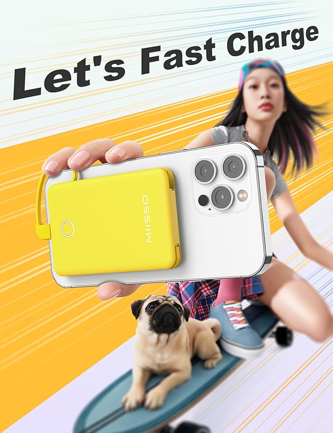 miisso 6000mah Ultra Slim Built in Cables Power Bank, Card Size Built in USB C Cords Battery Pack Portable Charger for Phones, 3 Output External Battery Pack Compatible with iPhone, Yellow