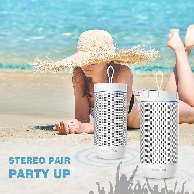 comiso X26 Bluetooth Speaker, IPX4 Waterproof Speakers 360° HD Surround Sound with Punchy Bass, Wireless Dual Pairing, 24H Playtime, Portable Speaker for Shower, Home, Outdoor, Camping, Beach-White