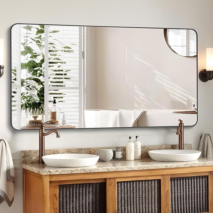 36" x 48"Bathroom Mirror, Matte Black Wall Mirror with Metal Frame, Decorative Rectangular Vanity Mirror for Bedroom Bathroom Living Room Entryway (Horizontal/Vertical)
