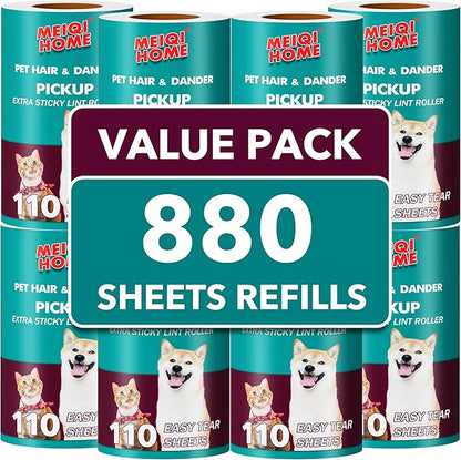MEIQIHOME Extra Sticky Lint Roller Refills Only, 880 Easy-Tear Sheets for 3.9"-4" Lint Rollers with 1.5" Inner Diameter - Superior Cleanliness for Clothes