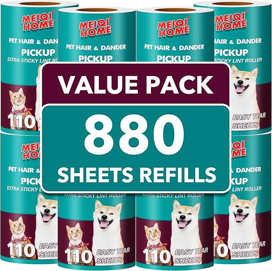 MEIQIHOME Extra Sticky Lint Roller Refills Only, 880 Easy-Tear Sheets for 3.9"-4" Lint Rollers with 1.5" Inner Diameter - Superior Cleanliness for Clothes