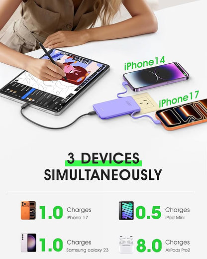 TG90° 2 Pack 5000mAh Power Bank,Small Portable Charge Built-in AC Plug and Cables,Pocket Size USB C External Battery Pack Compatible with iPhone 17 16 15 14 13 12 Samsung Google iPad,White & Purple