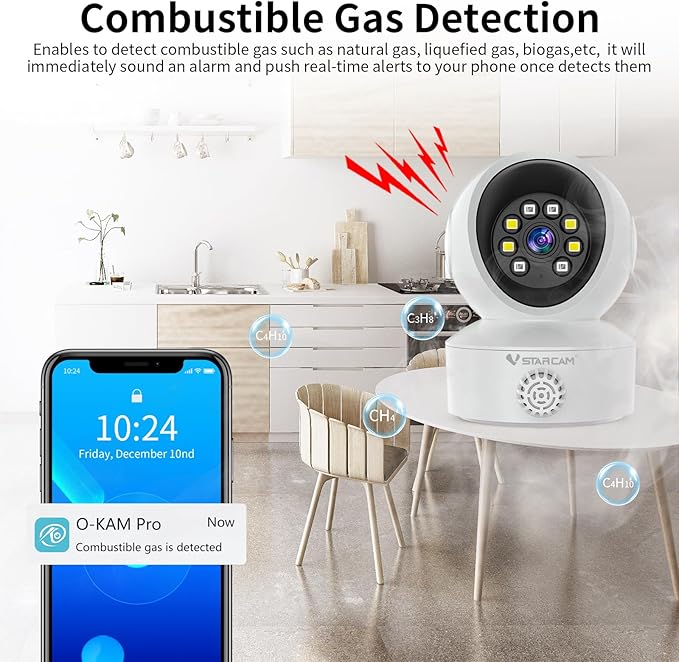 VSTARCAM 2K Indoor Security Camera with Smoke Detection, Pet Camera, 360° View, Motion Detection, IR Night Vision, 2-Way Audio, 2.4G WiFi, Home Indoor Camera with Phone APP, Cloud Storage