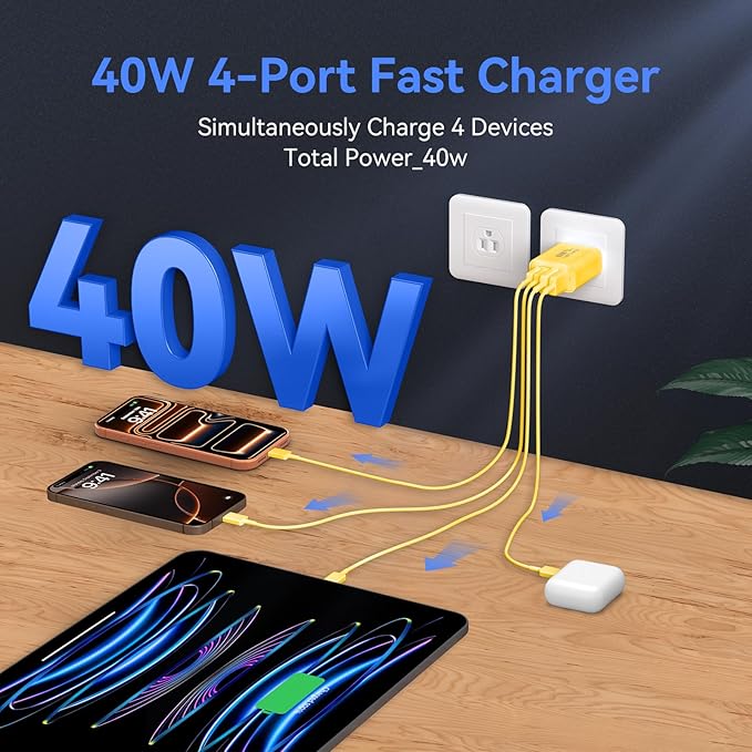 USB C Wall Fast Charger Block, 40W 4-Port Type C Chargers Fast Charging Blocks PD Power Charger Adapter+QC 3.0 USB Multiport Charger Brick for Phone 17/16/15/14/13/12 Pro Max, i-Pad, Galaxy S25-2Pack