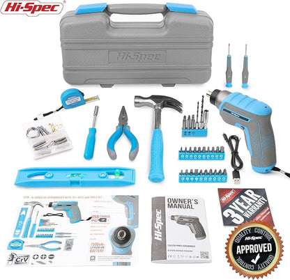 Hi-Spec 35pc Blue Tool Kit with 3.6V USB Electric Screwdriver and Drill set. Complete General Tool Set