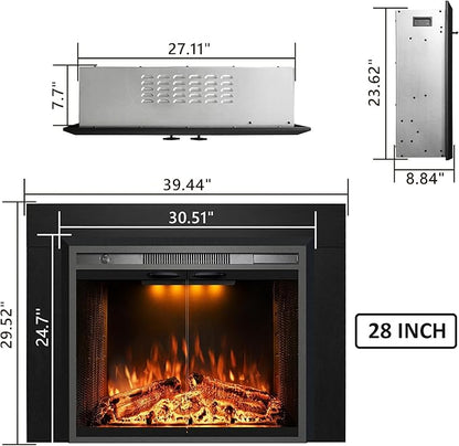 Velaychimny 40" Electric Fireplace Insert with Metal Trim Kit, Adjustable Flame, Fire Crackling Sound, Top Light Colors, Timer, Glass Door & Mesh Screen, Black