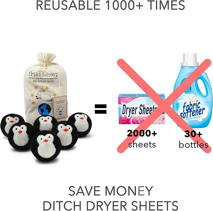 Friendsheep Wool Dryer Balls, Organic Reusable Fabric Softener Alternative for Laundry, Handmade, Fair Trade, Hypoallergenic, Eco-Friendly, Plastic-Free (6 Pack XL – Black Penguin)