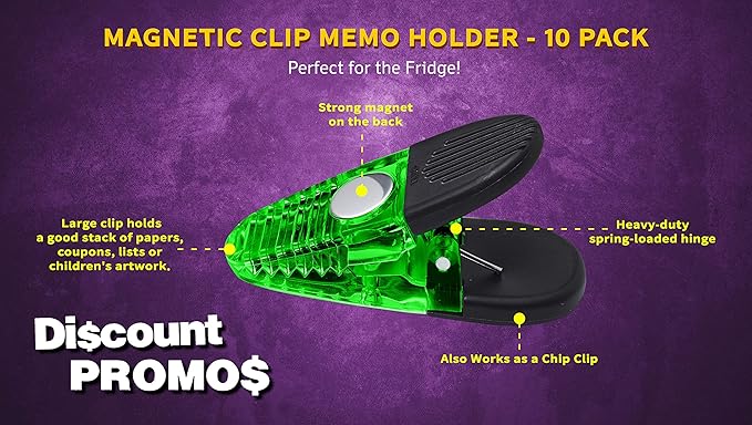 10 Magnetic Memo Holders Set - Customizable Text, Logo - Large Clip, Plastic - TGreen