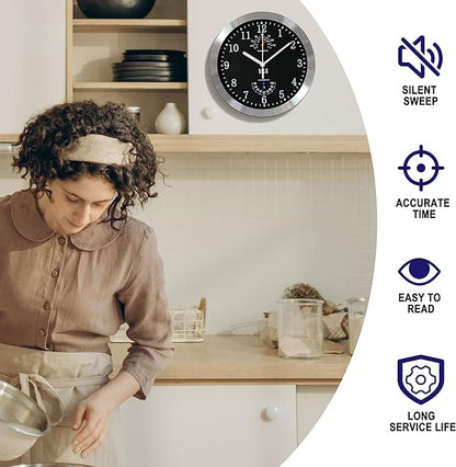 HITO 10 Inch Silent Wall Clock Battery Operated Non Ticking Glass Cover Silver Aluminum Frame, for Kitchen, Bedroom, Home Office, Living Room Decor (Black)