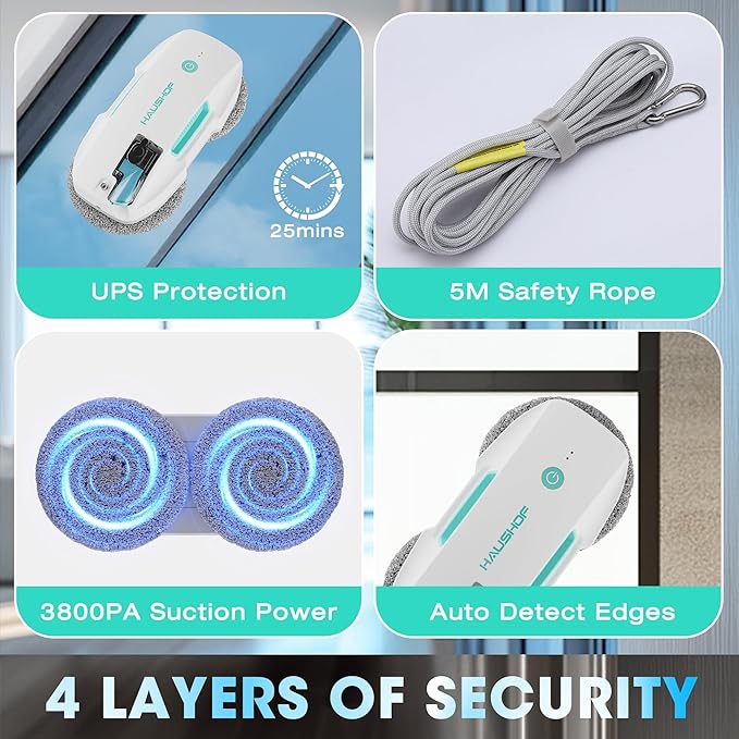 HAUSHOF Robot Window Cleaner with 3800Pa Suction, Auto Water Spray, AI Path Planning & Edge Detection, Remote Control for High-Rise Window, Glass Door