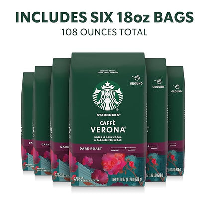 Starbucks Ground Coffee, Dark Roast Hot or Iced Coffee, Caffè Verona, Six 18 oz Bags