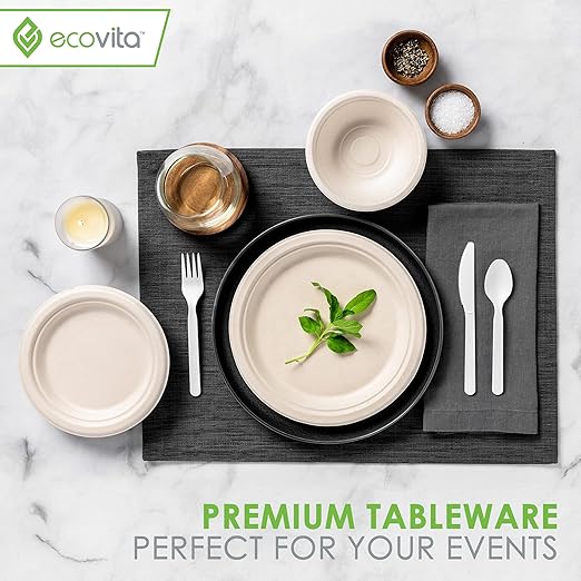Ecovita 100% Compostable Forks Spoons Knives Cutlery Combo Set - 380 Large Disposable Utensils (7 in.) Eco Friendly Durable and Heat Resistant Alternative to Plastic Silverware with Convenient Tray