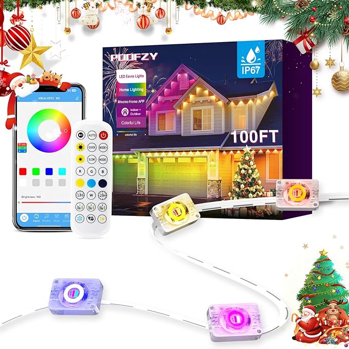POOFZY Permanent Outdoor Lights for House,100ft RGB+IC Smart Outdoor Decor, 50 Scene Modes,App/Remote Control,IP67 Waterproof,for Christmas,Super Bowl,V-Day,Thanksgiving,Daily & Holiday Party Decor