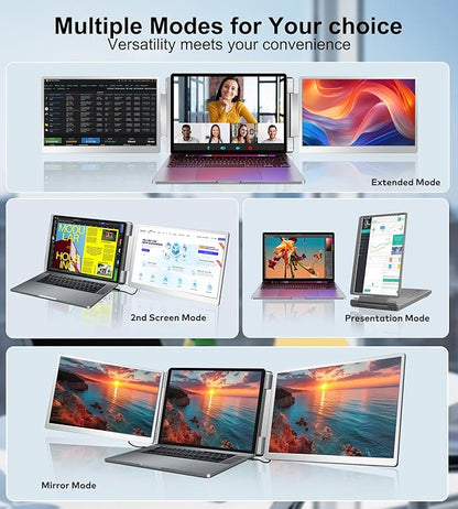 FOPO 14" Triple Monitor Laptop Screen Extender-FHD 1200P 16:10 Laptop Screen Extender, Left Screen 360° Flip Portable Monitor for 12-16.5" Laptops with HDMI/USB-C, Plug & Play - S7