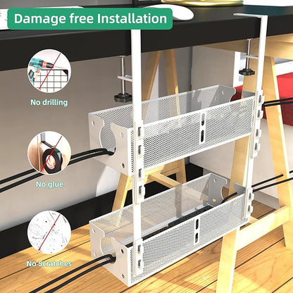 Multi-Model Under Desk Cable Management Tray 2 Packs Metal Under Desk Wire Management Clamp Mount Under Table Cord Management No Damage The Desk (White)
