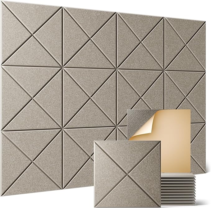 Sonicism 12 Pack X-Lined Acoustic Panels with Self-Adhesive, 12"X 12"X 0.4" Sound Proof Foam Panels, Decorative Soundproof Wall Panels, Sound Absorbing Tile for Home & Offices, Camel