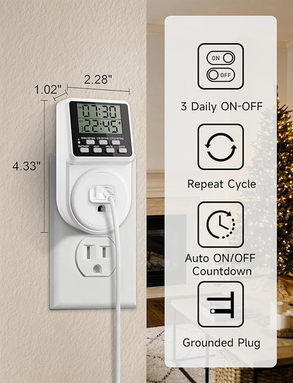 Techbee Digital Infinite Repeat Cycle Intermittent Timer Plug for Electrical Outlet, 24 Hour Programmable Indoor Timed Power Switch with Countdown Delay On and Off (120V, 15A), 1 pack