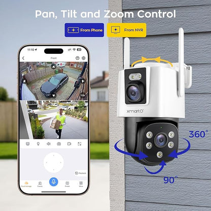 xmartO [Dual-CAM 180+° FOV] 6MP 2-in-1 WiFi Home Security Camera with AI Tracking, Pan Tilt Zoom, 5G Dual Band, Bluetooth Easy Setup (Standalone & Groupable CAM, 2-Pack)