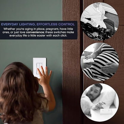 RunLessWire 3-Way Fan & Light Battery-Free DIY Kinetic Wireless Light Switch Kit for Bathrooms & Ceiling Fans: 2 Dual Remote Switches, Both Control 2 5A On/Off Receivers Separately – Black