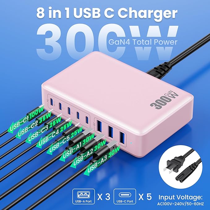 USB C Charger 300W USB C Charger Block, 8-Ports GaN IV Fast Charging Station Hub,PD 100W Laptop Charger Adapter,for MacBook Pro/Air/iPad/iPhone16/15/14/Apple Watch/DELL/Samsung for Home Office