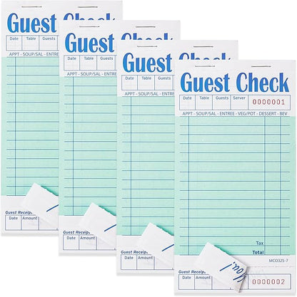 4 Pack Green Guest Checks Books for Servers Server Note Pads, Waiter Checkbook, Waitress Notepad for Restaurants, Paper Checks 50 Sheets/Pack, 200 Total Tickets