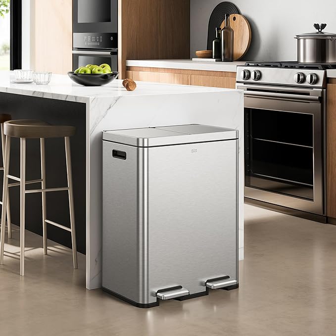 EKO Edison Dual Trash Can for Recycling and Trash, 8+8 Gallons Kitchen Garbage Can with Dual Removable Inner Liners, Independent Lids and Pedals, Matte Stainless Steel