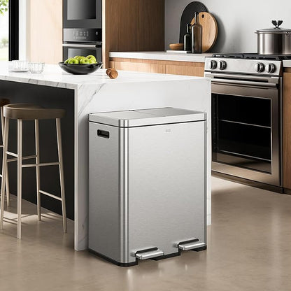 EKO Edison Dual Trash Can for Recycling and Trash, 8+8 Gallons Kitchen Garbage Can with Dual Removable Inner Liners, Independent Lids and Pedals, Matte Stainless Steel