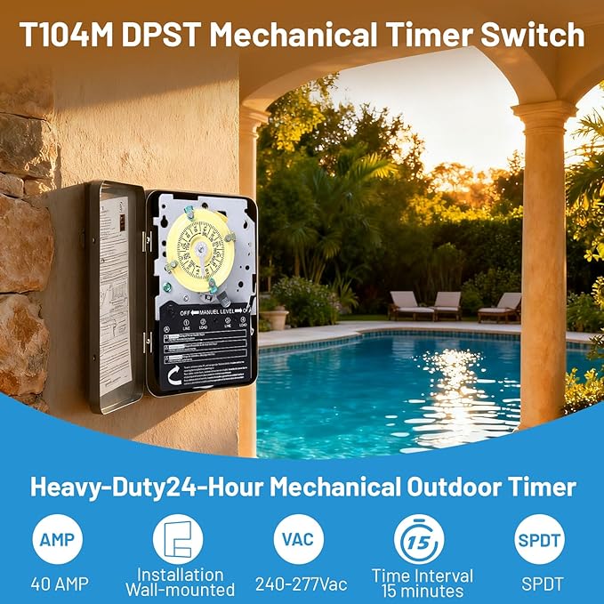 T104M Mechanical Time Switch (Mechanism Only), 208-277V AC 40A DPST, 24-Hour Dial with 12 ON/Off Trips, Heavy-Duty Timer Switch for Pool Pumps Water Heater Lighting and HVAC, with 4 Timer Trippers