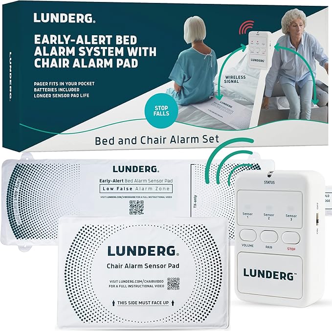 Lunderg Bed Alarm for Elderly Adults & Chair Alarm Set - Wireless Early-Alert Sensor Pad, Chair Pad & Pager - Bed Alarms and Fall Prevention for Elderly and Dementia Patients - Full Caregiver Set