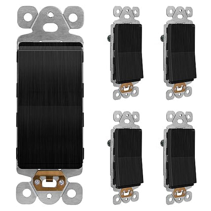 LIDER Brushed Black Minimalist Design Decorator Switch, Frameless Paddle Wall Light Switch, On/Off Rocker Switch, Single Pole, Residential Grade, UL Listed, 3 Wire, 15A 120-277VAC, 5 Pack