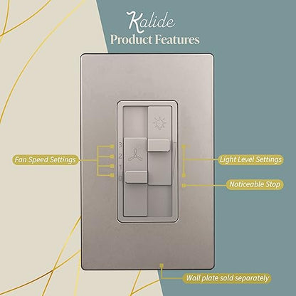 TOPGREENER Kalide Combo Dimmer Switch with 3-Speed Fan Control, Light and Fan Combination Switch, Single Pole, 2.5A, 200W LED/CFL, Neutral Wire Not Required, TGDSFS3-NK, Nickel