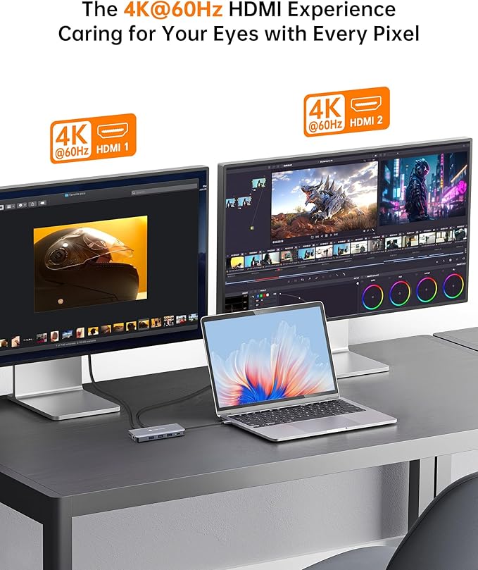 USB C Docking Station, NOVOO Triple Display Type C Hub Dual Monitor HDMI 4K@60Hz DP Multiport Adapter 4USB Ethernet SD/TF 100W PD Dongle Data for Dell/Surface/HP/Lenovo Thinkpad Laptop