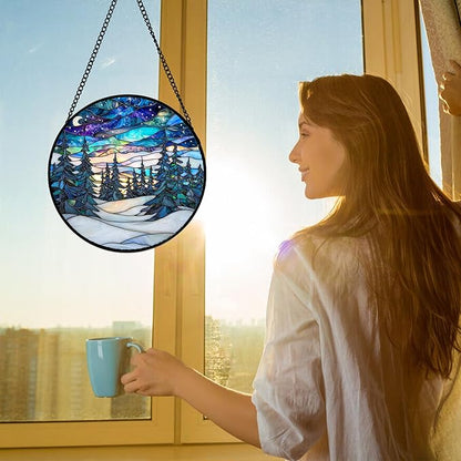 DASTOLL Stained Glass Window Hanging, Starry Sky Trees and Snow Sun Catchers Glass Panel Blue Suncatcher Decor for Birthday for Women, Men, Wife, Aunt, and Mom 9.8 in
