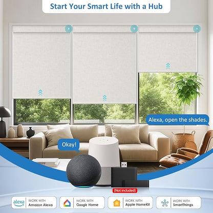 MANSNIX Smart Motorized Blinds with Remote, Cordless No-Drill Automatic Roller Shades, Blackout Electric Blind for Windows, Linen Stone, 29.5 x 72