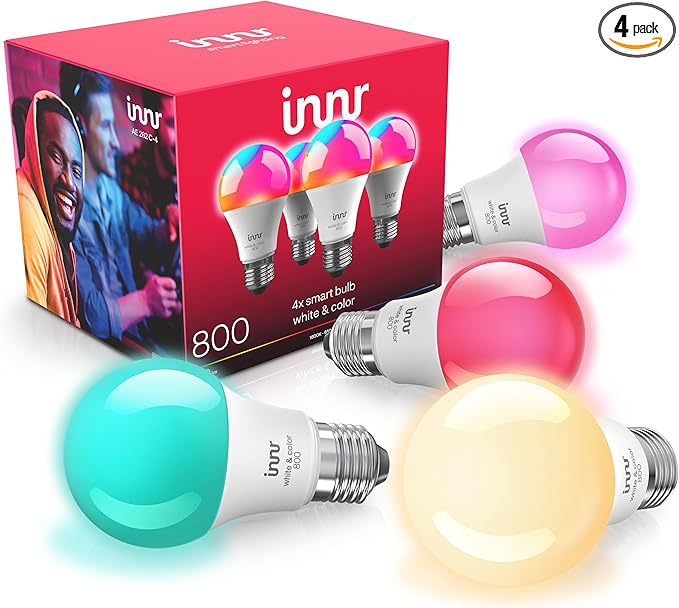 innr Zigbee A19 Smart Bulb, Works with Hue*, Alexa, SmartThings (Hub Required), White & Color, E26 LED Bulb, Color Changing Light Bulb, up to 16 Million Colors, Dimmable, 840 Lumen, 4-Pack