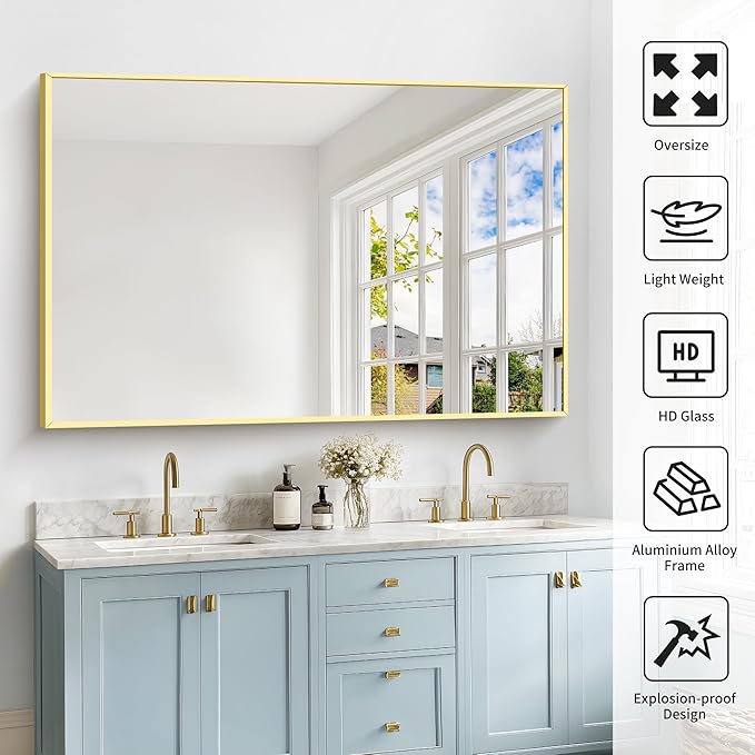 40x60inch Gold Bathroom Mirror, Gold Rectangle Mirror with Frame, Large Rectangular Wall Mirrors for Bathroom, Living Room, Hair Salon, Big Farmhouse Mirror Hang Horizontal/Vertical
