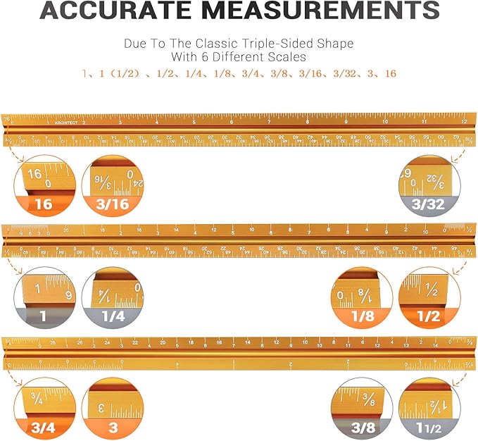 12" Architectural Scale Ruler Aluminum Architect Scale Triangular Scale Ruler for Architects, Draftsman, Students and Engineers, Golden