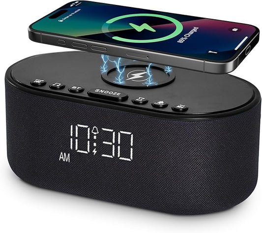 Sound Machine Alarm Clock for Bedrooms: Bluetooth 10W Stereo Sound Speaker with Wireless Charging - White Noise Machine for Sleeping with 21 Soothing Sounds - Black