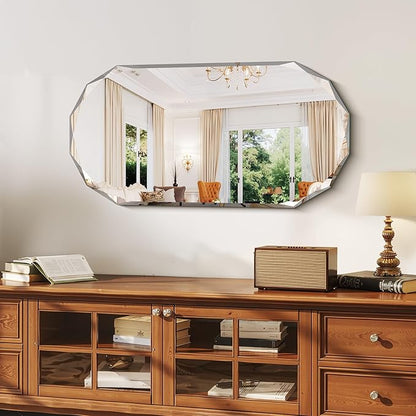GLASHOM Beveled Edge Frameless Bathroom Mirror, Oval Wall Mirror for Over Sink, 18" x 36" Modern Decorative Vanity Mirror for Bedroom, Living Room, Entryway, Hanging Mirror Horizontal or Vertical