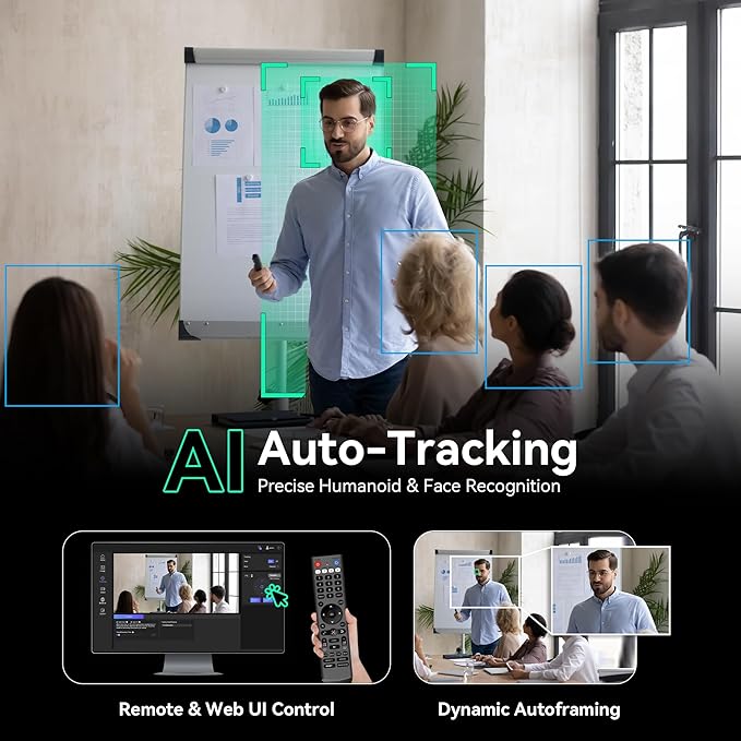 Tenveo NDI PTZ Camera AI Humanoid & Face Auto-Tracking, HDMI/LAN/USB3.0 PoE PTZ Camera 20X Optical Zoom IP Live Streaming, FHD 1080P 60FPS, for Church Services Worship Video Conference Live Streaming