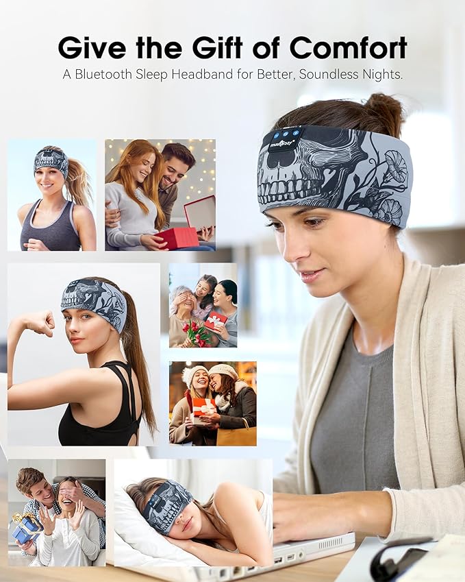 MUSICOZY Sleep Headphones Bluetooth Headband, Wireless Sleeping Headphones Music Sport Headbands, Long Time Play Sleeping Headsets Built-in Thin Speakers, Skulls Design for Sleeping Yoga