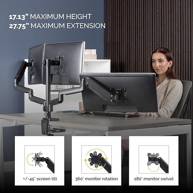 Fellowes Platinum Series Triple Monitor Arm for 27-Inch Monitors, Full Motion, 360° Rotation, VESA Mount with Grommet or Clamp, USB Ports, Ergonomic, Black, 8042601